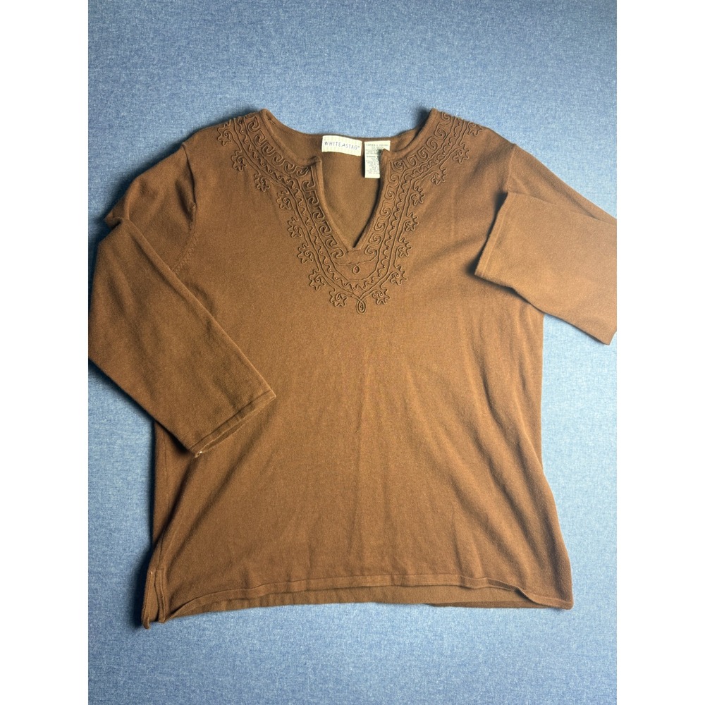 White Stag Womens Embroidered V-Neck Brown 3/4 Sleeve Top Large W5515611